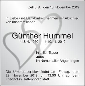 Traueranzeige von Günther Hummel von NWZ Neue Württembergische Zeitung