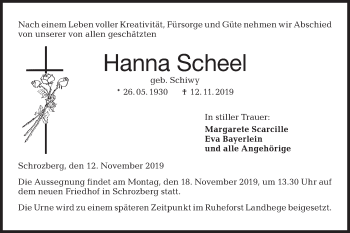 Traueranzeige von Hanna Scheel von Hohenloher Tagblatt