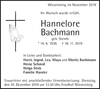 Traueranzeige von Hannelore Bachmann von Geislinger Zeitung