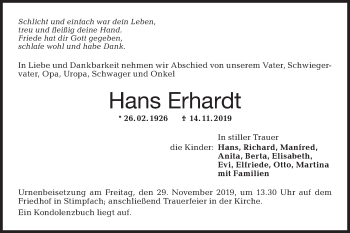 Traueranzeige von Hans Erhardt von Hohenloher Tagblatt