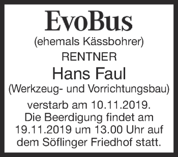 Traueranzeige von Hans Faul von SÜDWEST PRESSE Ausgabe Ulm/Neu-Ulm