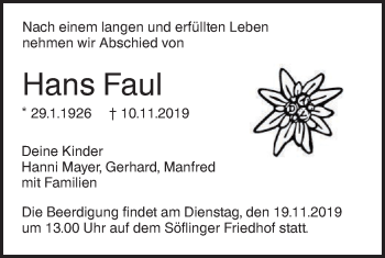 Traueranzeige von Hans Faul von SÜDWEST PRESSE Ausgabe Ulm/Neu-Ulm