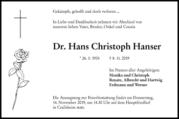 Traueranzeige von Hans Christoph Hanser von Hohenloher Tagblatt