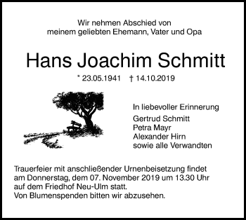 Traueranzeige von Hans Joachim Schmitt von SÜDWEST PRESSE Ausgabe Ulm/Neu-Ulm