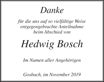 Traueranzeige von Hedwig Bosch von Geislinger Zeitung