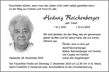 Traueranzeige von Hedwig Reichenberger von Haller Tagblatt