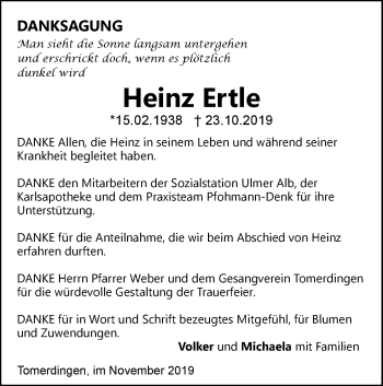 Traueranzeige von Heinz Ertle von SÜDWEST PRESSE Ausgabe Ulm/Neu-Ulm