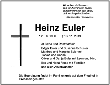 Traueranzeige von Heinz Euler von Hohenzollerische Zeitung