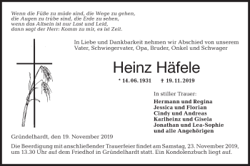 Traueranzeige von Heinz Häfele von Hohenloher Tagblatt