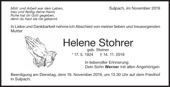 Traueranzeige von Helene Stohrer von NWZ Neue Württembergische Zeitung