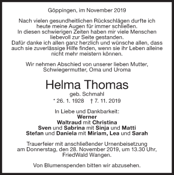 Traueranzeige von Helma Thomas von NWZ Neue Württembergische Zeitung