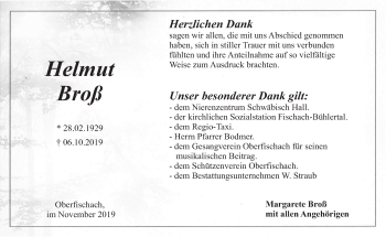 Traueranzeige von Helmut Broß von Haller Tagblatt