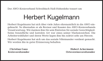 Traueranzeige von Herbert Kugelmann von Haller Tagblatt