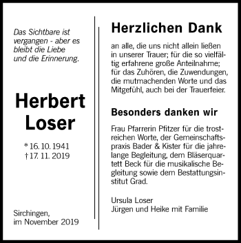 Traueranzeige von Herbert Loser von Metzinger-Uracher Volksblatt