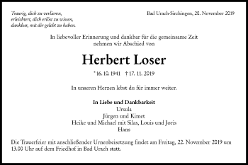 Traueranzeige von Herbert Loser von Metzinger-Uracher Volksblatt