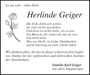 Traueranzeige von Herlinde Geiger von Geislinger Zeitung