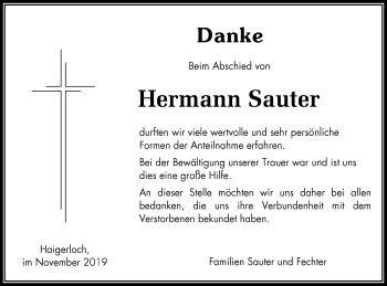 Traueranzeige von Hermann Sauter von Hohenzollerische Zeitung