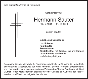 Traueranzeige von Hermann Sauter von Hohenzollerische Zeitung