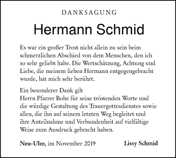 Traueranzeige von Hermann Schmid von SÜDWEST PRESSE Ausgabe Ulm/Neu-Ulm