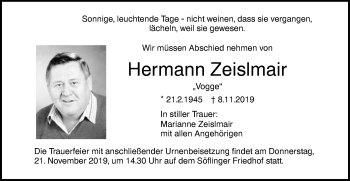 Traueranzeige von Hermann Zeislmair von SÜDWEST PRESSE Ausgabe Ulm/Neu-Ulm