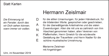 Traueranzeige von Hermann Zeislmair von SÜDWEST PRESSE Ausgabe Ulm/Neu-Ulm