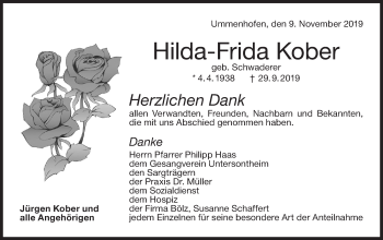 Traueranzeige von Hilda-Frida Kober von Haller Tagblatt