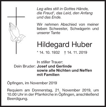 Traueranzeige von Hildegard Huber von Ehinger Tagblatt