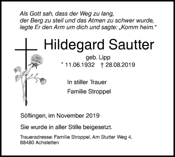 Traueranzeige von Hildegard Sautter von SÜDWEST PRESSE Ausgabe Ulm/Neu-Ulm