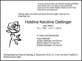 Traueranzeige von Holdine Karoline Oettinger von SÜDWEST PRESSE Ausgabe Ulm/Neu-Ulm