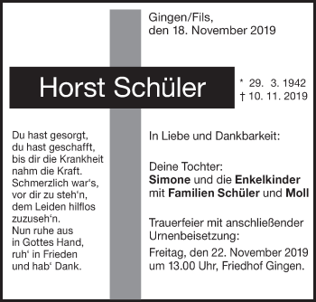 Traueranzeige von Horst Schüler von Geislinger Zeitung