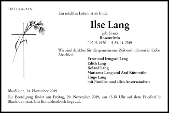 Traueranzeige von Ilse Lang von Hohenloher Tagblatt