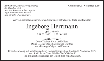 Traueranzeige von Ingeborg Herrmann von Haller Tagblatt