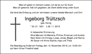 Traueranzeige von Ingeborg Trültzsch von SÜDWEST PRESSE Ausgabe Ulm/Neu-Ulm