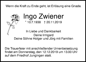 Traueranzeige von Ingo Zwiener von SÜDWEST PRESSE Ausgabe Ulm/Neu-Ulm