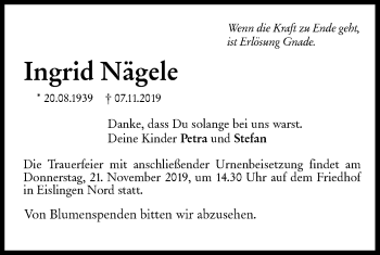 Traueranzeige von Ingrid Nägele von NWZ Neue Württembergische Zeitung