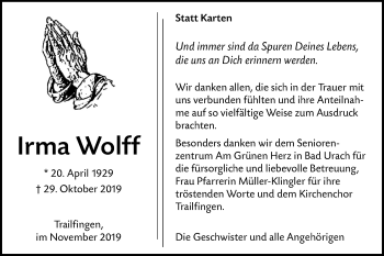 Traueranzeige von Irma Wolff von Alb-Bote/Metzinger-Uracher Volksblatt