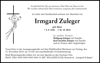 Traueranzeige von Irmgard Zuleger von Illertal Bote