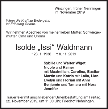 Traueranzeige von Isolde Waldmann von NWZ Neue Württembergische Zeitung/Geislinger Zeitung