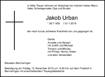 Traueranzeige von Jakob Urban von SÜDWEST PRESSE Ausgabe Ulm/Neu-Ulm