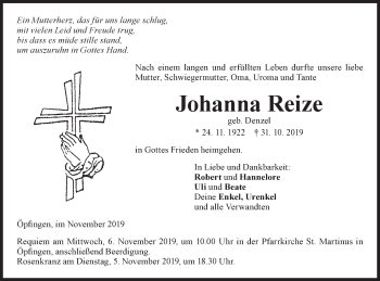 Traueranzeige von Johanna Reize von Ehinger Tagblatt