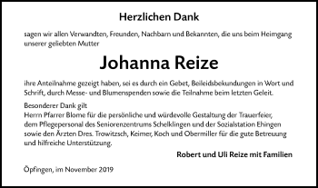 Traueranzeige von Johanna Reize von Ehinger Tagblatt