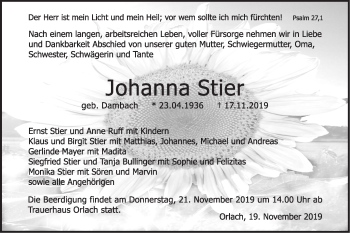 Traueranzeige von Johanna Stier von Haller Tagblatt