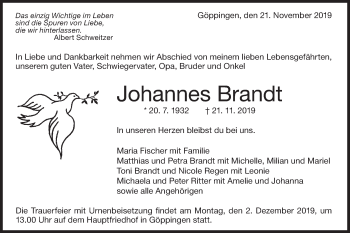 Traueranzeige von Johannes Brandt von NWZ Neue Württembergische Zeitung