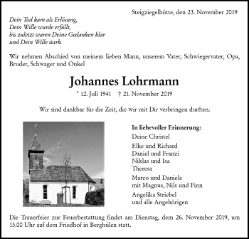 Traueranzeige von Johannes Lohrmann von SÜDWEST PRESSE Ausgabe Ulm/Neu-Ulm