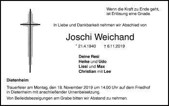 Traueranzeige von Joschi Weichand von Illertal Bote