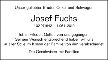 Traueranzeige von Josef Fuchs von Ehinger Tagblatt