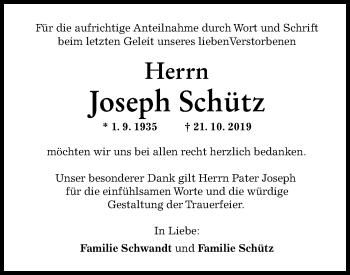 Traueranzeige von Joseph Schütz von SÜDWEST PRESSE Ausgabe Ulm/Neu-Ulm