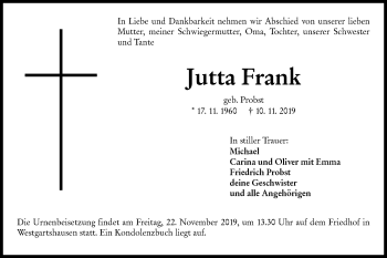 Traueranzeige von Jutta Frank von Hohenloher Tagblatt