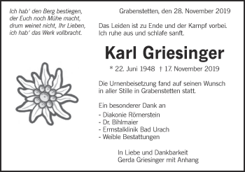 Traueranzeige von Karl Griesinger von Alb-Bote/Metzinger-Uracher Volksblatt