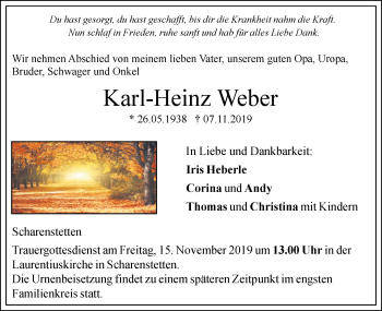 Traueranzeige von Karl-Heinz Weber von SÜDWEST PRESSE Ausgabe Ulm/Neu-Ulm